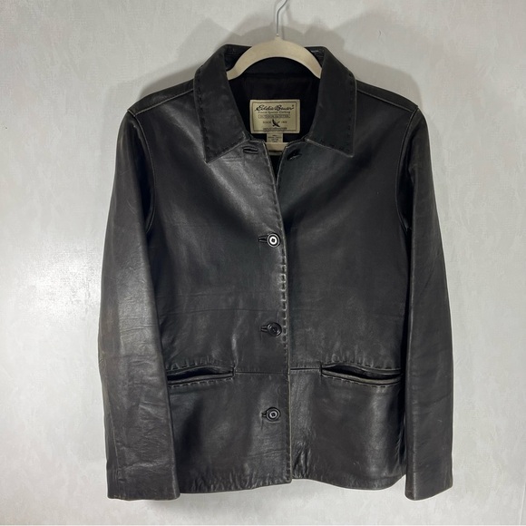 Eddie Bauer Vintage Brown Leather Jacket Tailored Fit Whipstitches Detail Coat